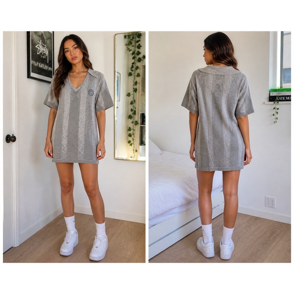 Honor The Gift 100% Cotton Preppy Grey Ombre Knit Polo Peace Logo Mini Dress XL